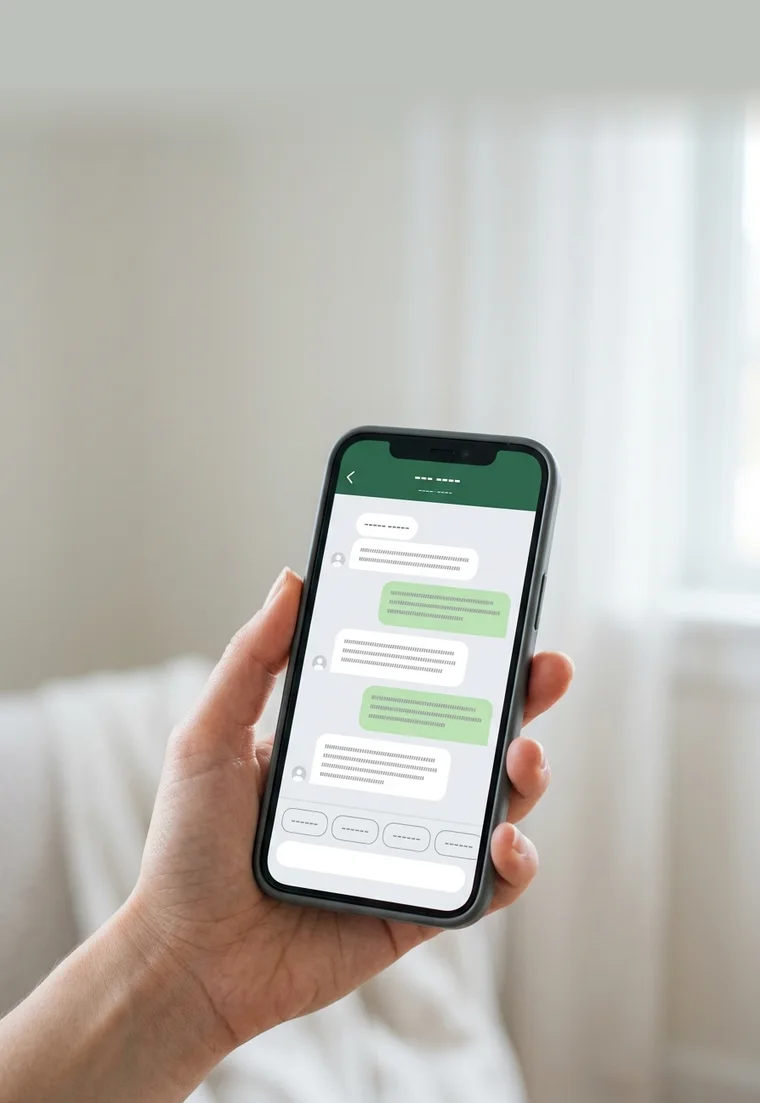 Mão segurando celular com conversa de atendimento automatizado