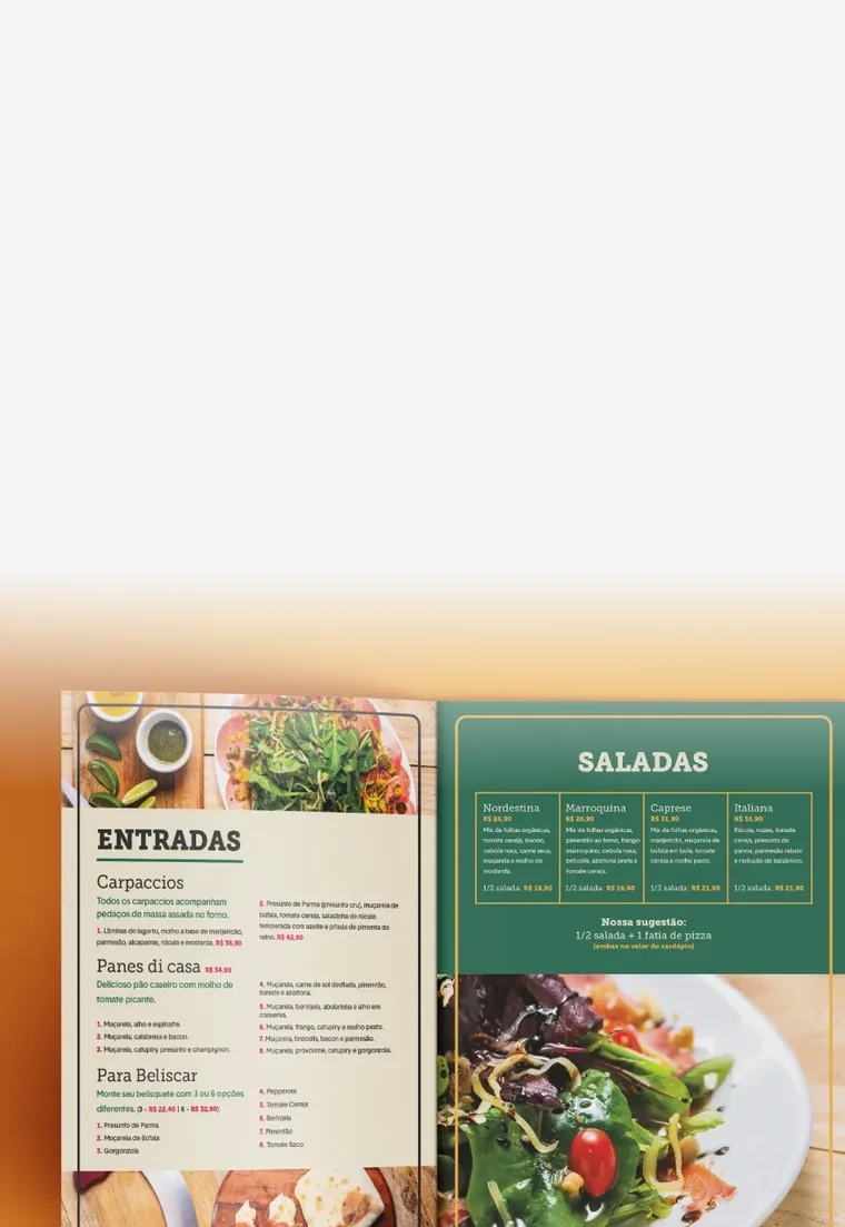 Cardápio aberto da P di Pizza com fotos dos pratos