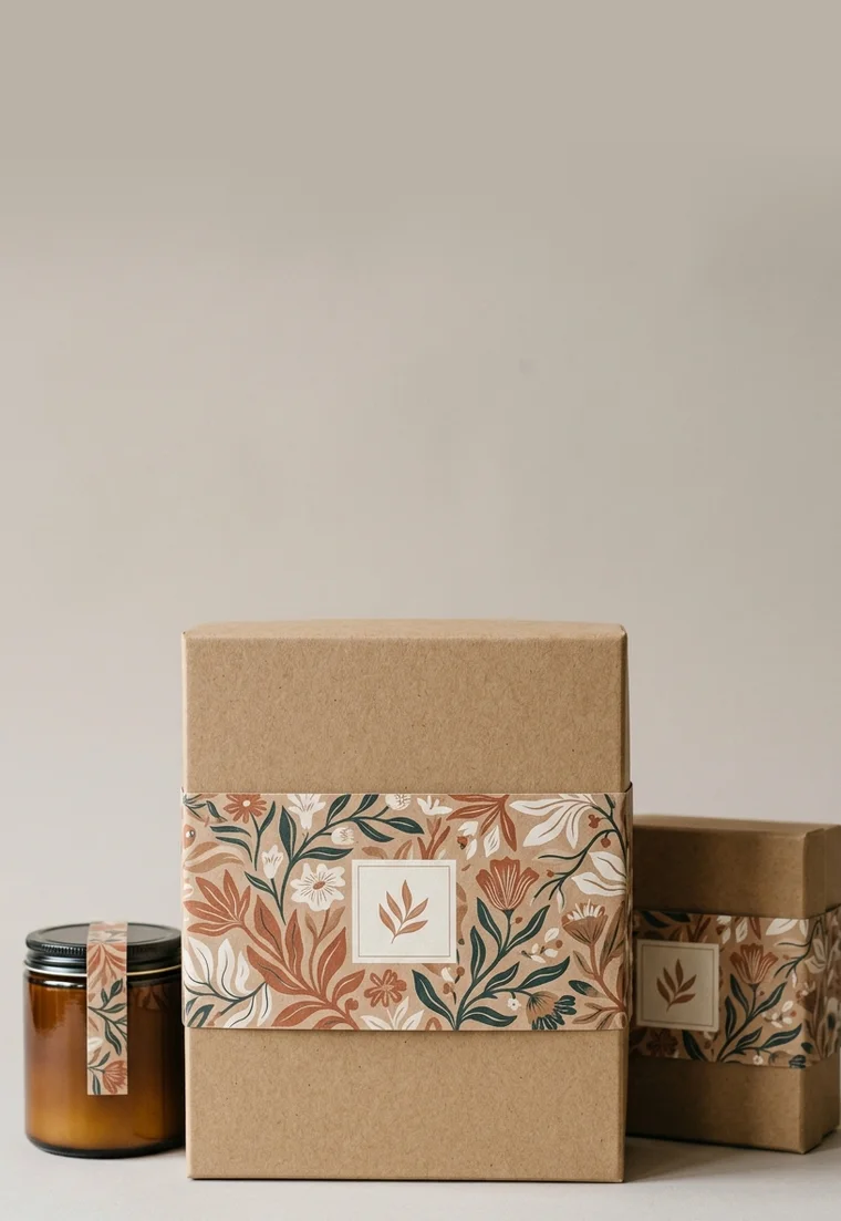 Potes e caixa kraft com cintas de papel estampadas