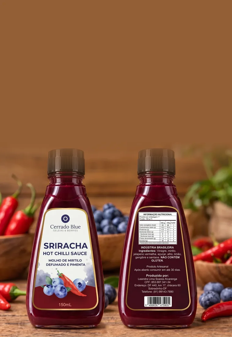 Frascos de molho Cerrado Blue com rótulo frontal e tabela nutricional