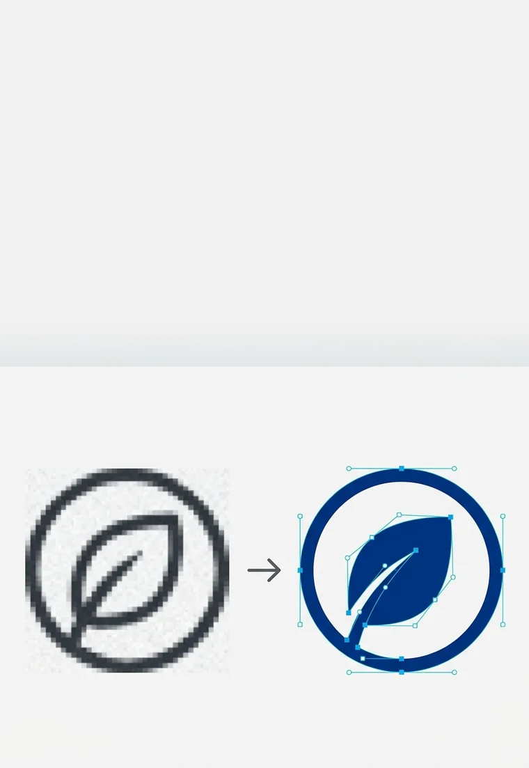 Logo pixelado gerado por IA ao lado da versão redesenhada em vetor